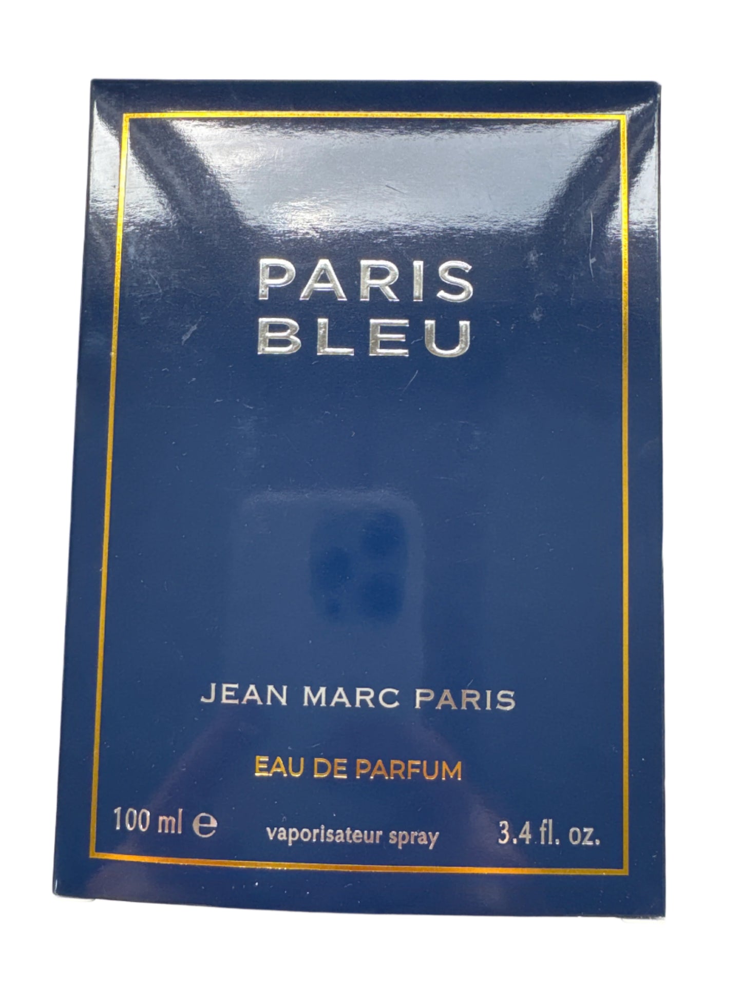 Blue packaging of Paris Bleu Jean Marc Paris Eau de Parfum, 100 ml vaporisateur spray, featuring a sleek design with gold accents.