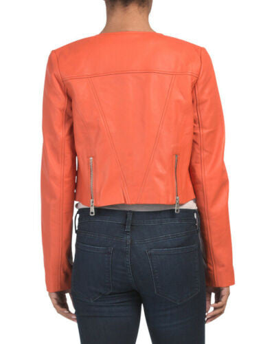 Collarless Cropped Moto Leather Jacket orange BAGATELLE . NYC