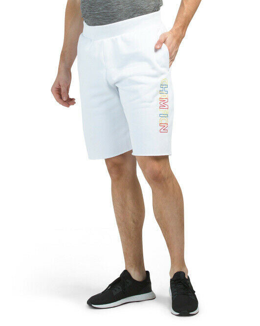 White men’s fleece cut-off shorts with embroidered Champion logo, raw hem, and side pockets