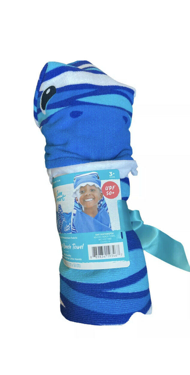 Shark Hooded Beach Towel Size 46”L- 23”H By Sun Smart Soft & Cozy Blue