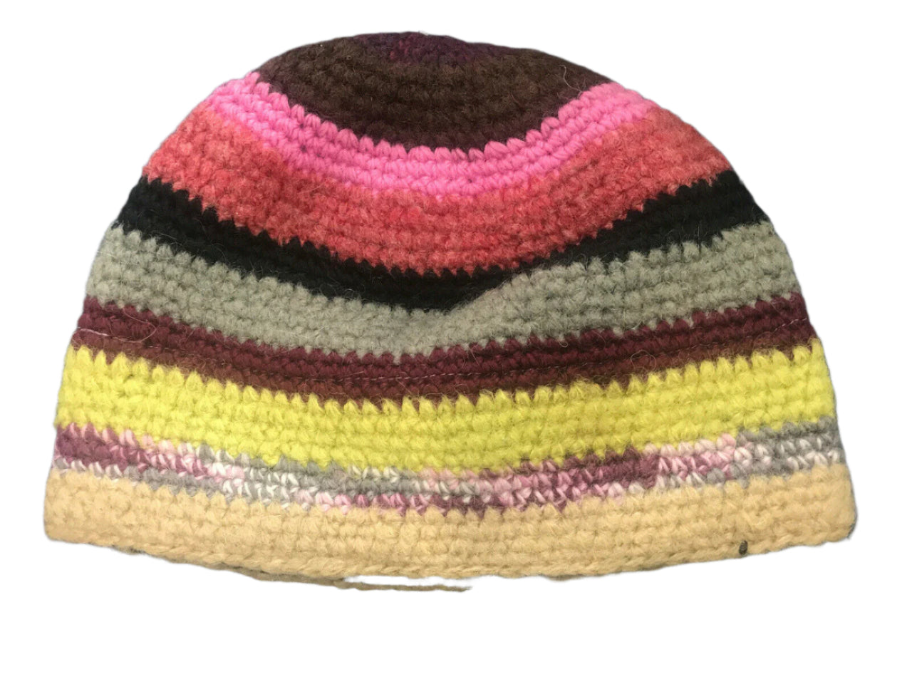 Striped crochet wool beanie in multicolor tones with pink flower applique and fleece lining for winter warmth