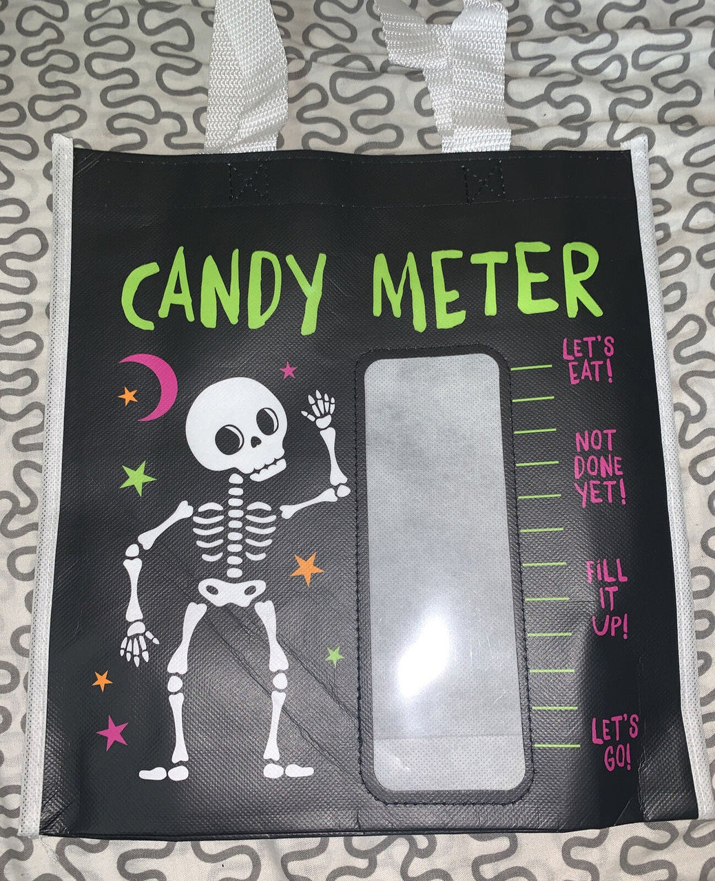 HAPPY HALLOWEEN TRICK-OR-TREAT BAG CANDY METER BLACK WITH SKELETON