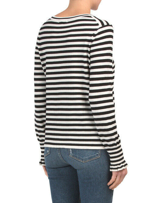 ADRIANNA PAPELL Striped Long Sleeve Ruffle Cuff Sweater Size M