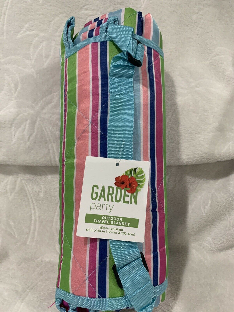 Garden Party Outdoor Picnic Blanket Striped Multicolor Water Resistant 50”x60”