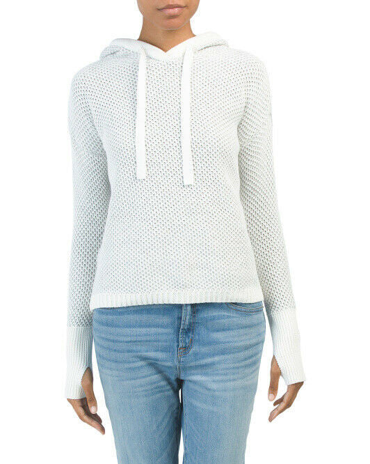 Textured Hood Pullover Sweater S grey white cotton thumbholes ribbed trim knit