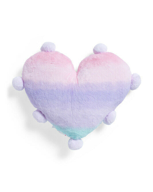 Mystic pastel faux fur heart pillow with pom pom trim