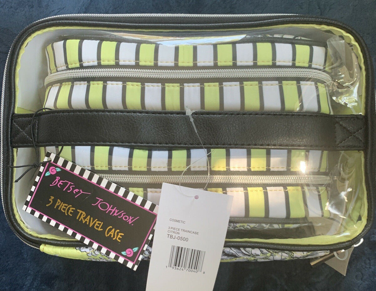 Betsey Johnson Citron 3Pc Traincase And Cosmetic Bags