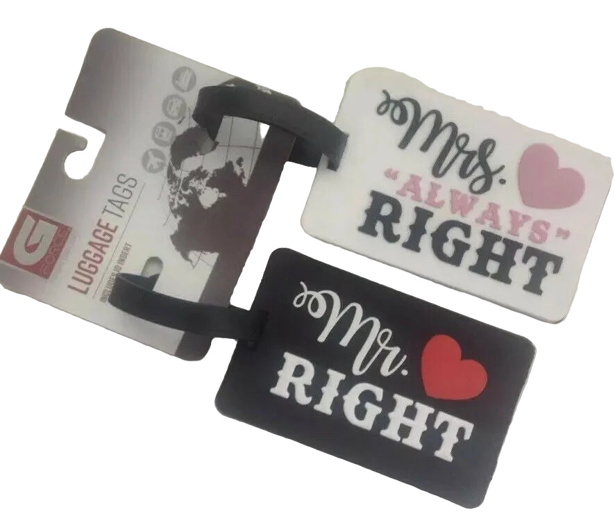 Two luggage tags, one black with 'Mr. Right' and one white with 'Mrs.