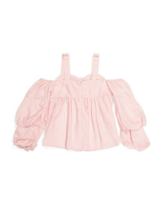 BEBE Girls Cold Shoulder Shirting Stripe Top L ( 14 ) light pink