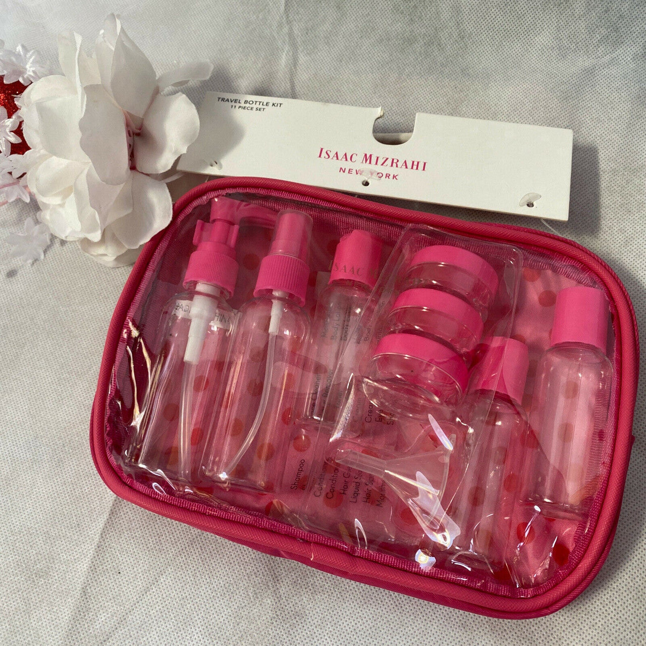 Isaac Mizrahi PINK 11Pcs Set Travel Bottle Kit Clear Plastic Containers Case TSA
