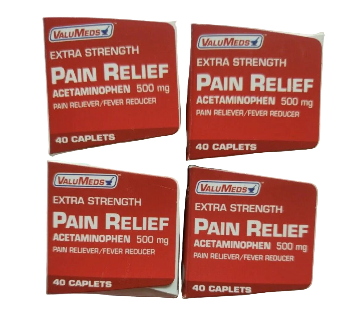 Four boxes of ValuMeds Extra Strength Pain Relief Acetaminophen on a white background