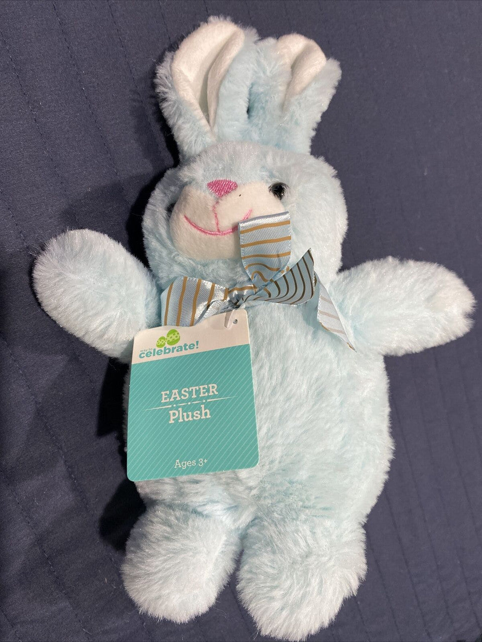 Easter Blue Bunny Rabbit Striped Bow 8" Chubby Fat Plush Baby Toy