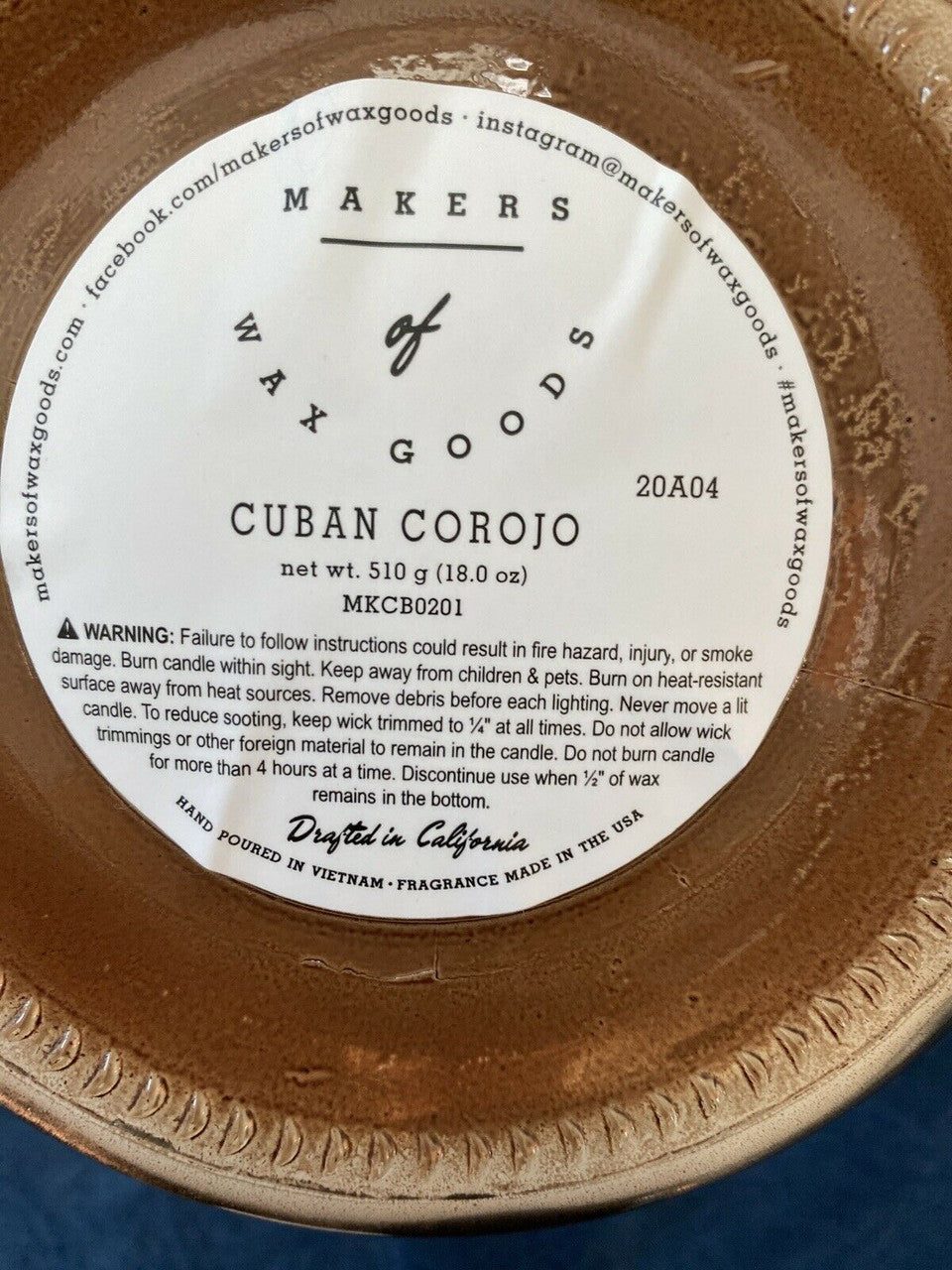 Makers of Wax Goods CUBAN COROJO 18 Oz 5” diameter Glass Jar