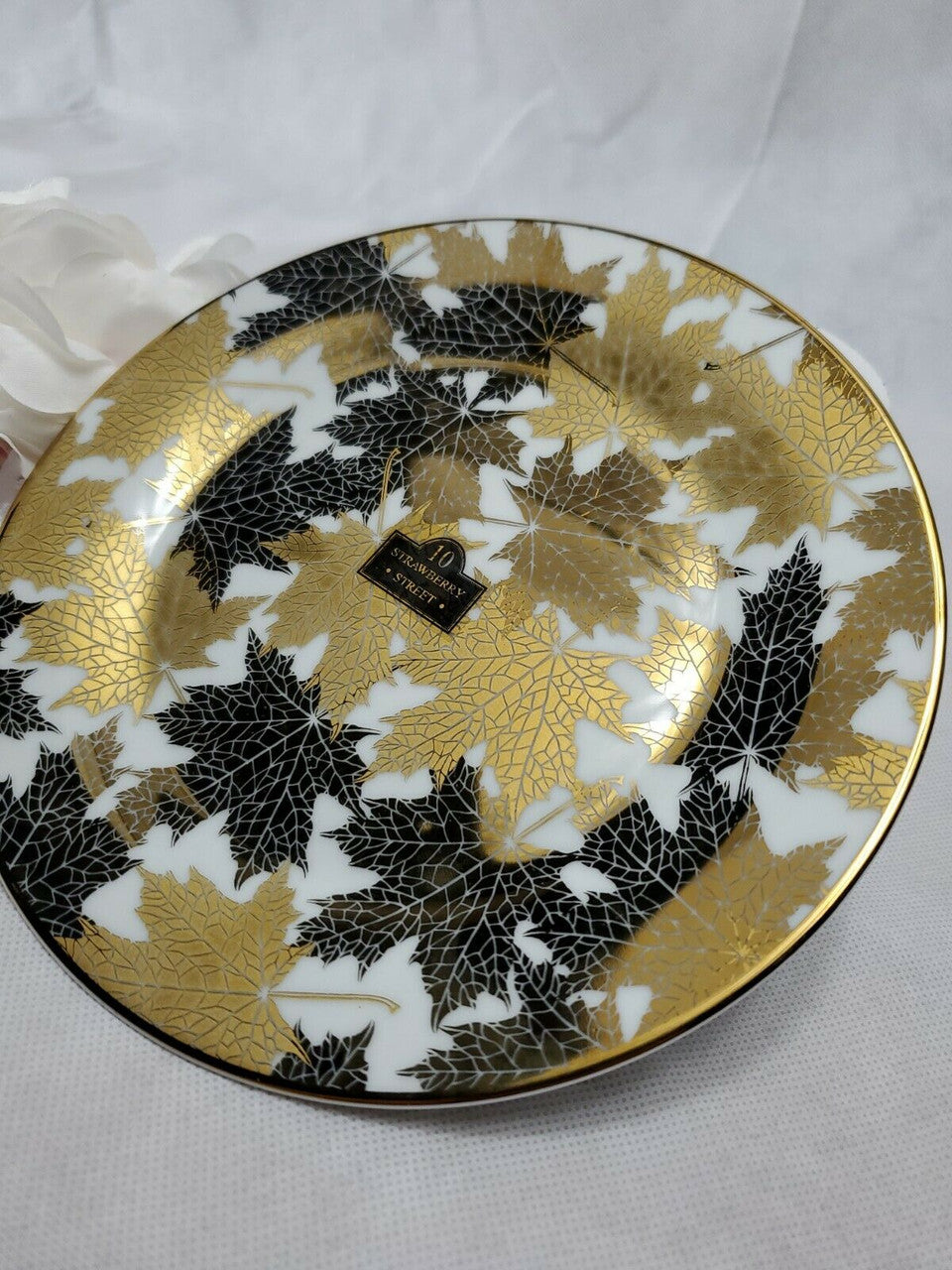 Ten Strawberry Street Gold Maple Leaf Covered Dessert Plate 7.5 Inches