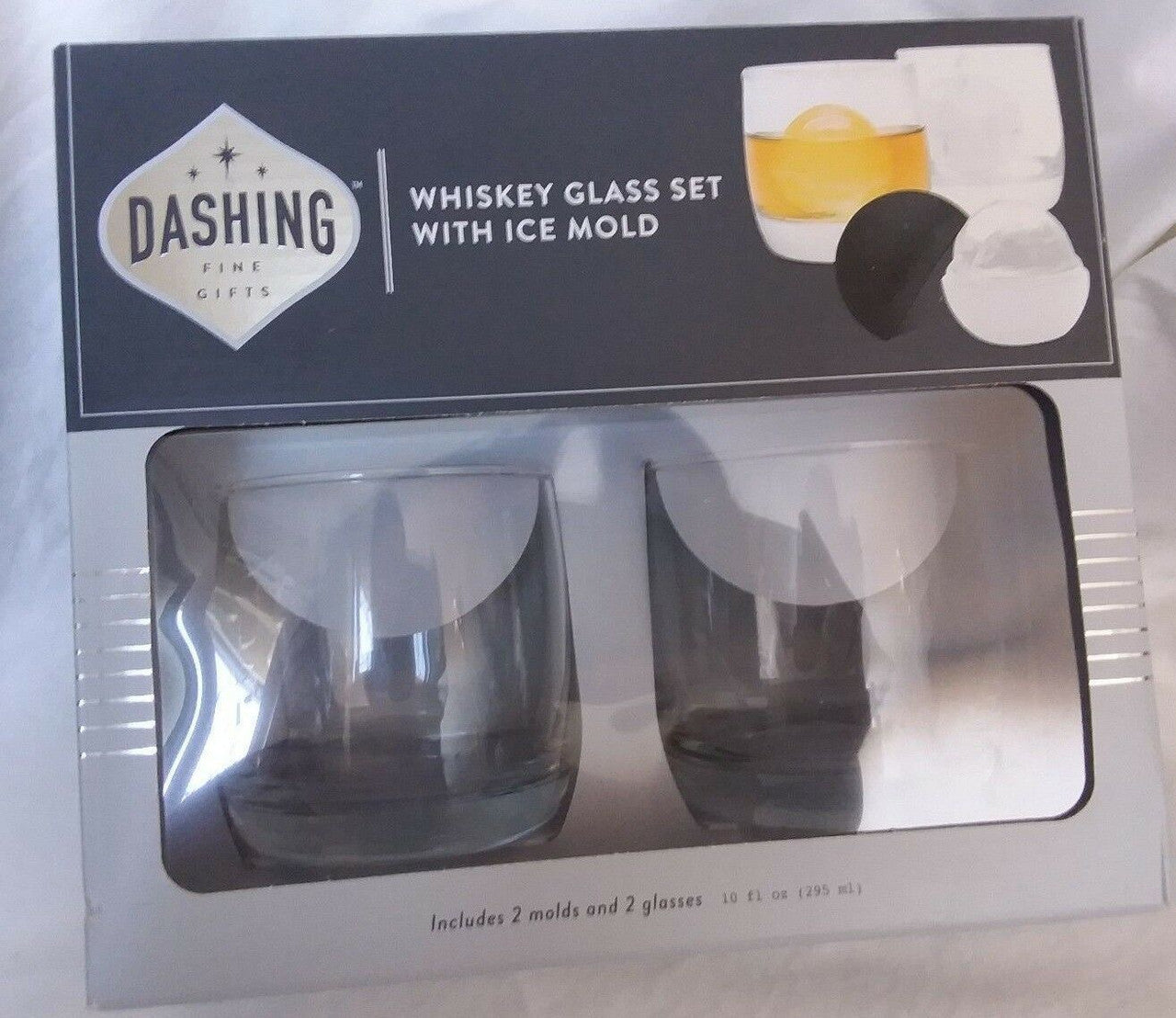 Dashing Whiskey Glass Set Of 2 Round Ice Molds Gift Box Pair 10 oz. Bar Ball Cup