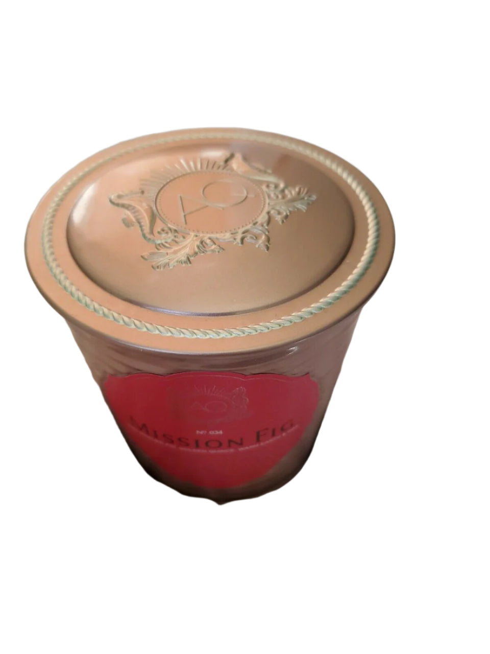 11 oz Mission Fig scented candle in rose gold tin by Aquiesse, featuring golden quince, oak, and warm earth fragrance blend