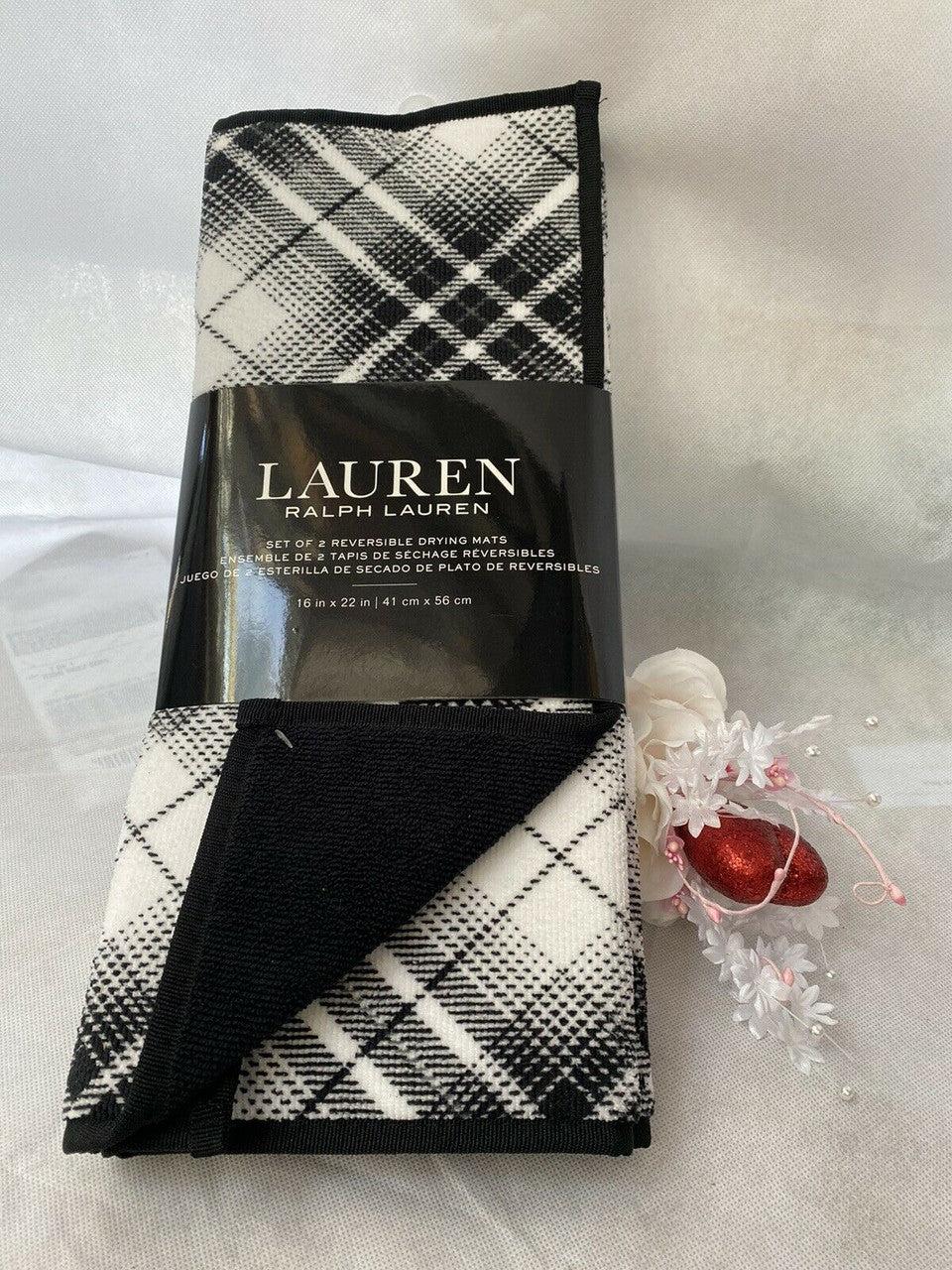 Ralph Lauren Set of 2 Reversible Fabric Drying Mats 16x22 Black White Plaid