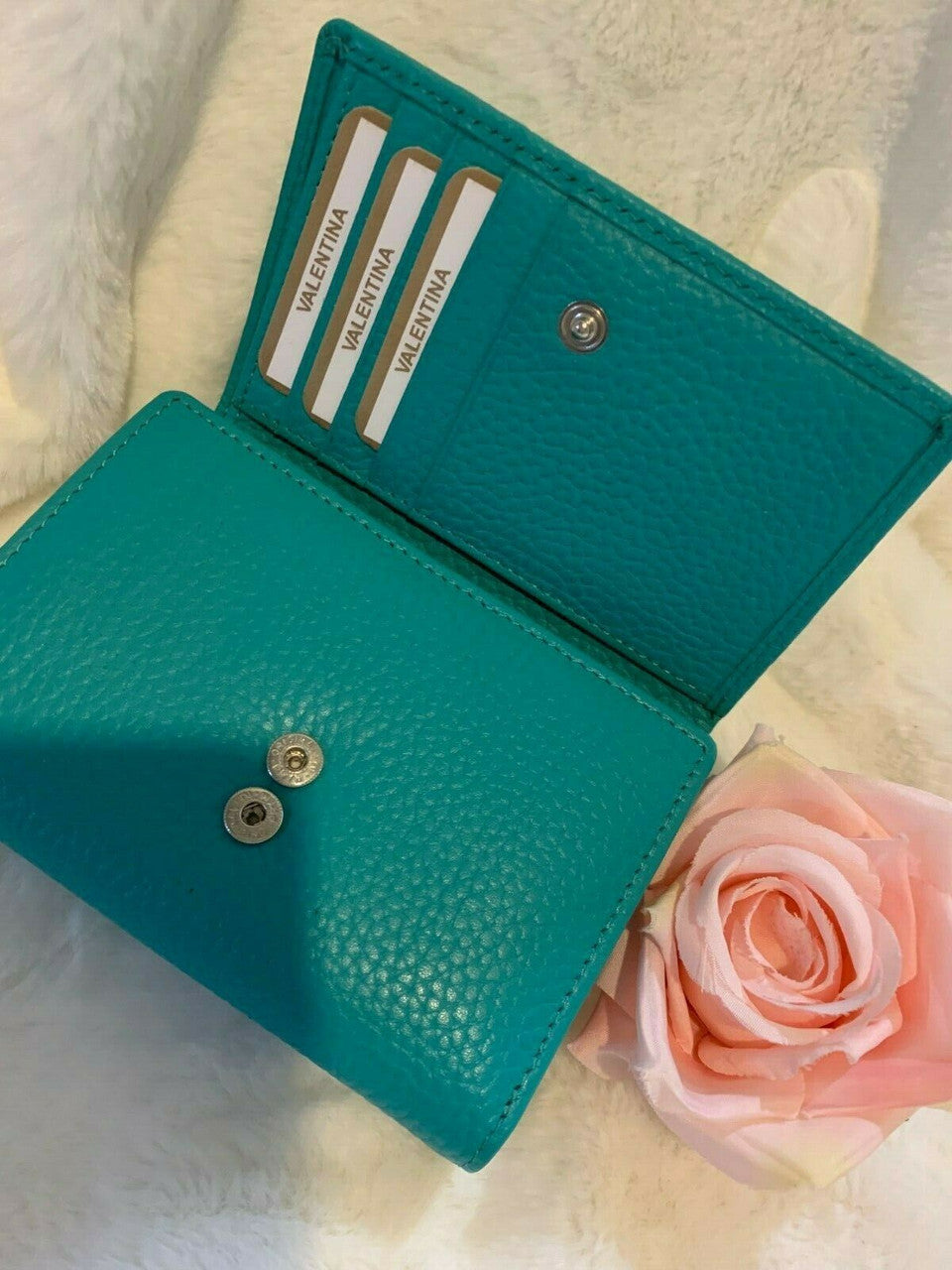 VALENTINA Italy Genuine Leather Pebbled Wallet Aqua approx 5" x 3.5"