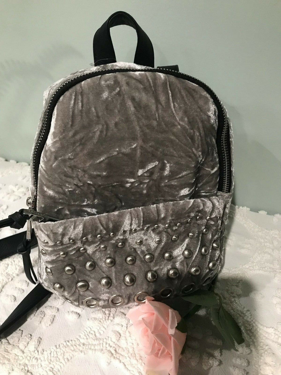 Madden Girl Velvet Studded Mini Backpack Purse Bag Gray