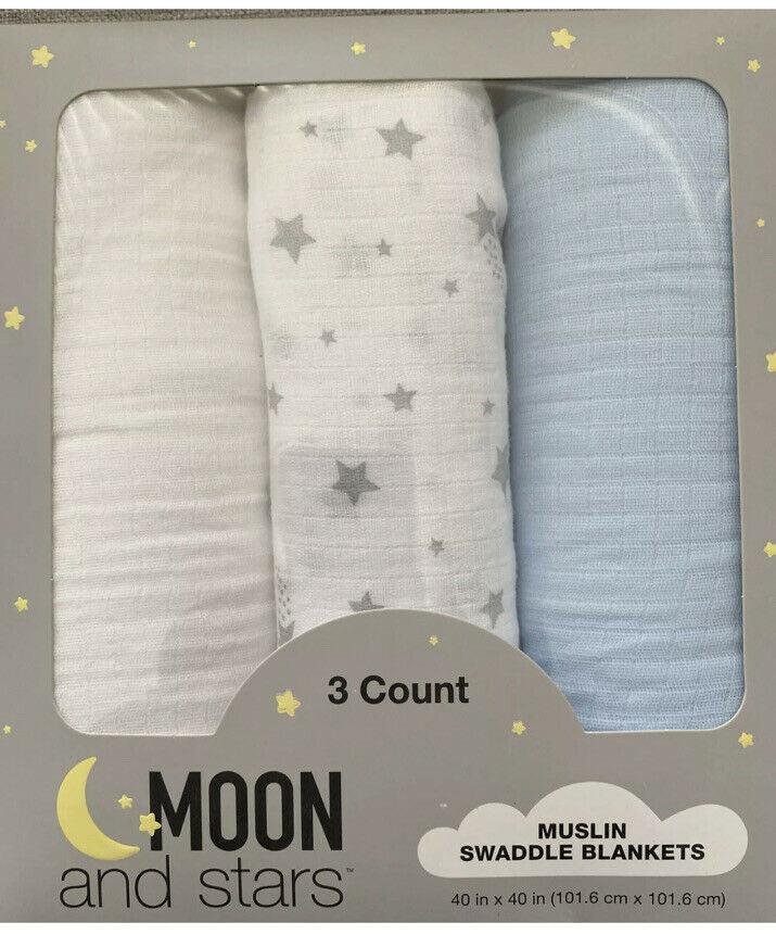 Moon and Stars Muslin Swaddles 3 pack 40" x 40”