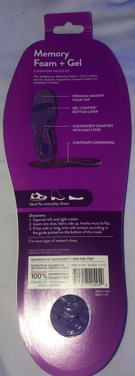 Walgreens Memory Foam + Gel Cushion Insoles Womens Size 5-11 - 1 Pair
