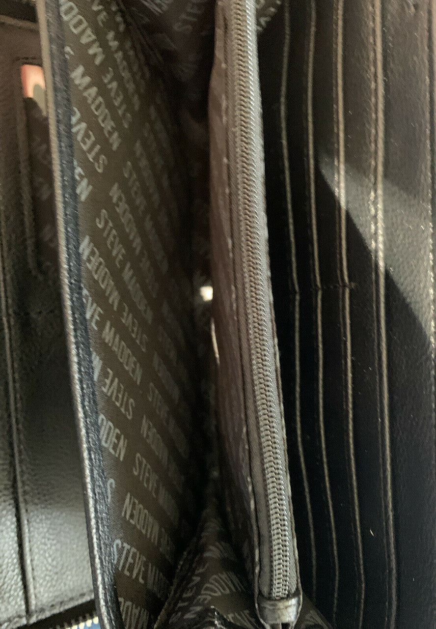 Steve Madden black white logo zip around wallet clutch
