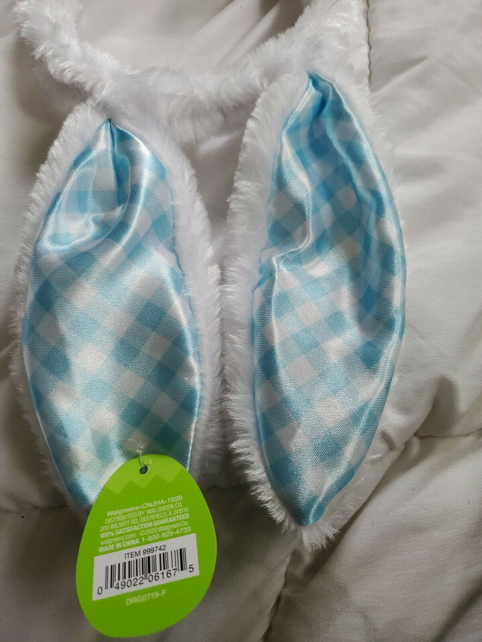 White & Blue checkered Plush Bunny Ears Headband Fluffy Rabbit Easter 3+ age