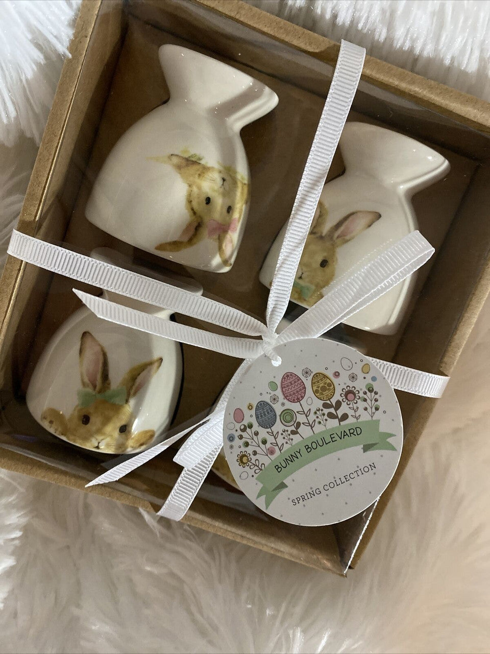 Bunny Boulevard Egg Cups Spring Collection (Set of 4) Easter Bunnies Wearing Bow