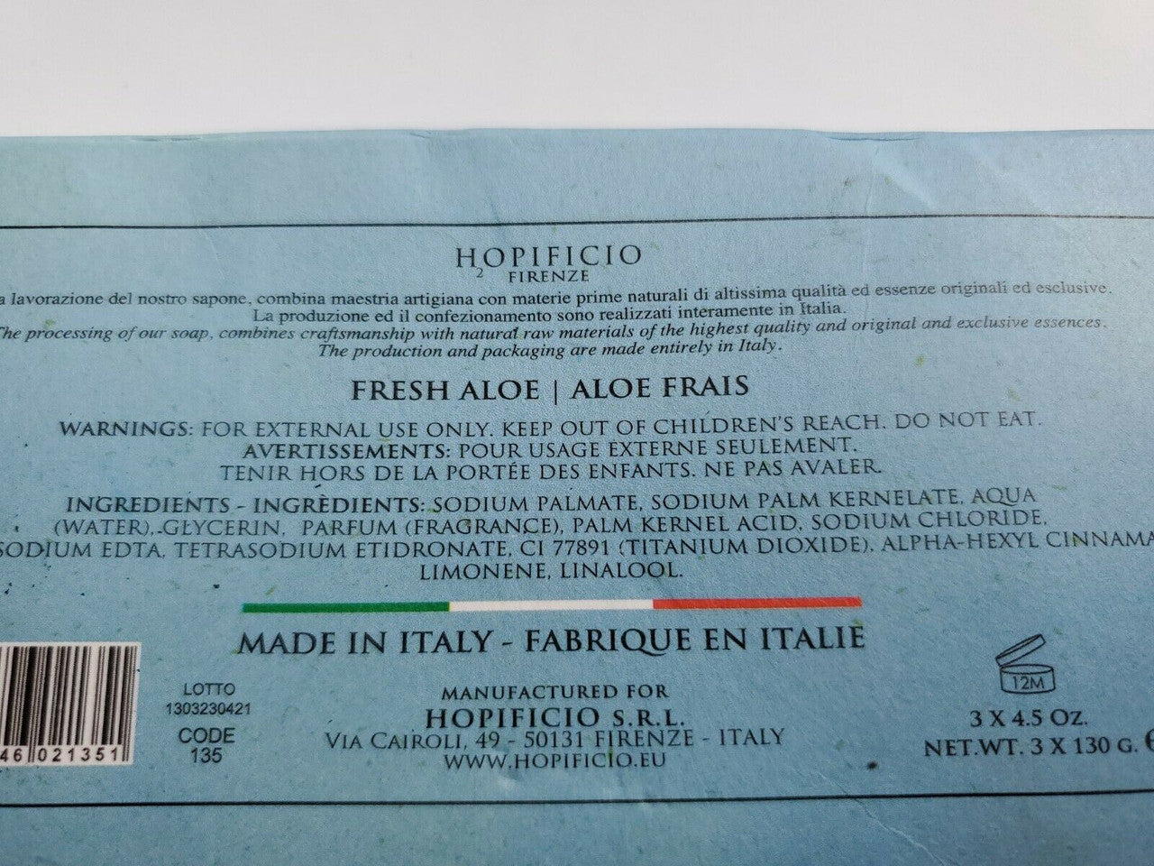 Hopificio Firenze FRESH ALOE Triple Milled Bar Soaps 3x 4.58 oz Italy