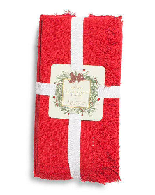 Set of red hemstitch fringe cloth napkins with decorative fringe trim, folded cotton napkins by Ridgefield Home