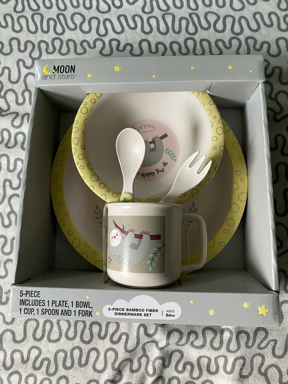 Baby 5-PIECE GIFT SET DINNERWARE Moon and Stars 6+ months Sloth Happy Feed