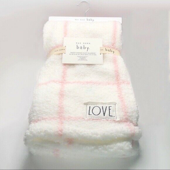 Rae Dunn Baby Teddy Sherpa Baby Blanket 30 X 40 Pink And White “Love”