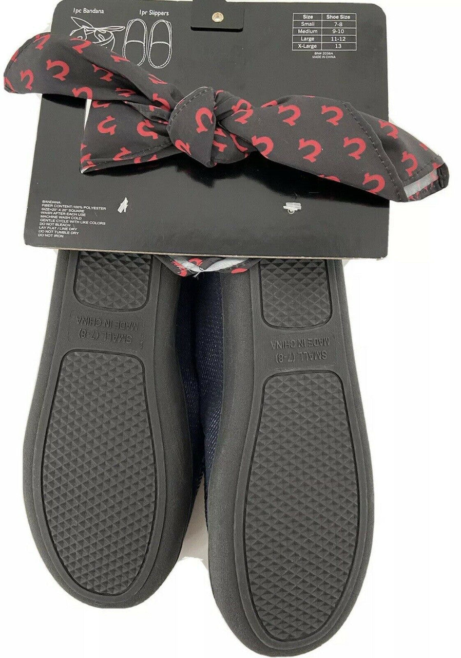 True Religion Mens Size 9-10 Medium Blue Denim Slip On Slippers and Bandana
