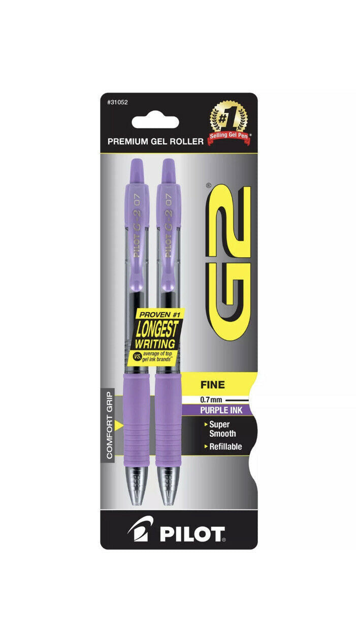 2 Pilot G2 Premium Gel Roller Purple Ink Fine Point 0.7mm 2 Pack #31052