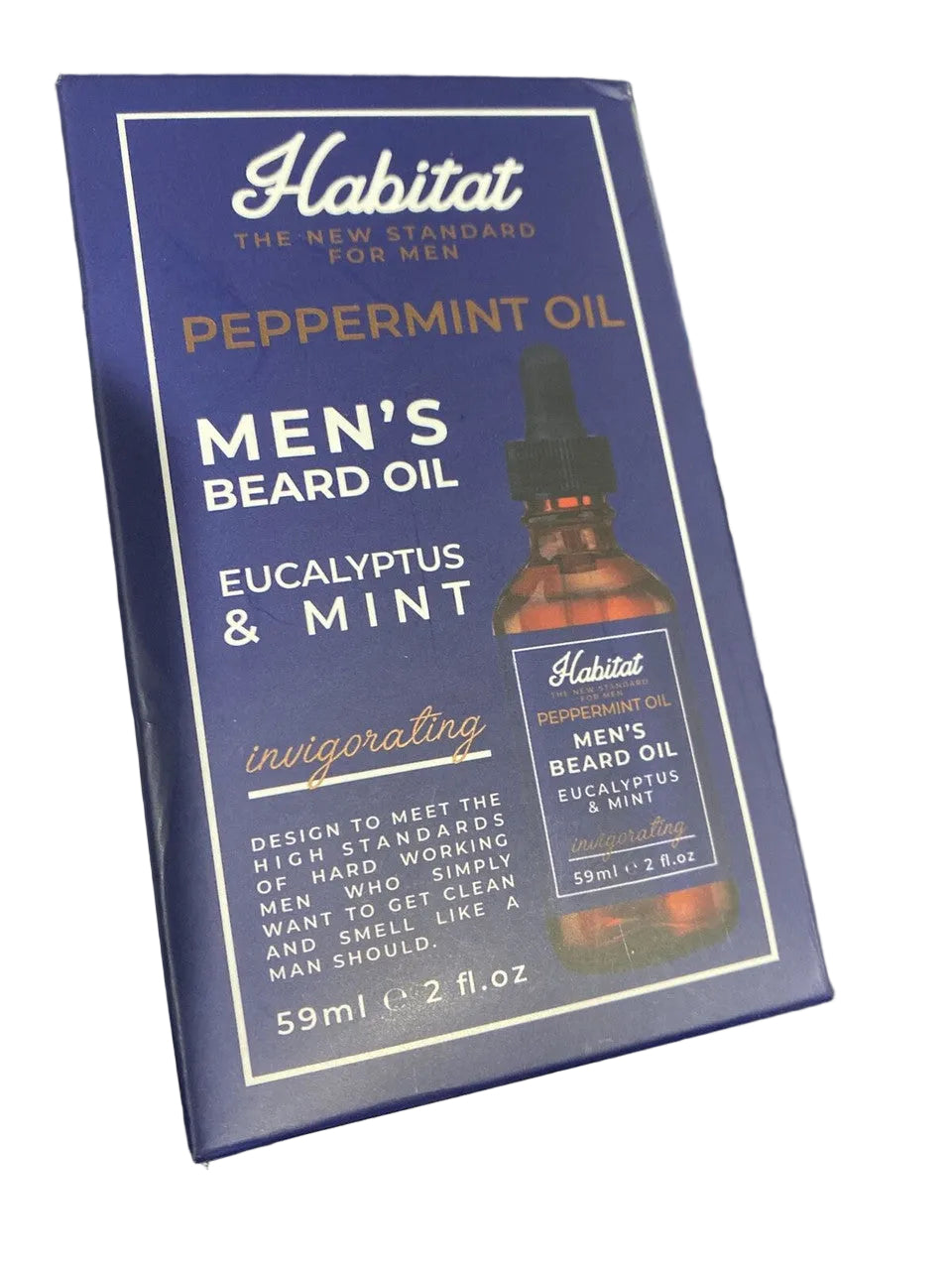 Box of men's beard oil with peppermint and eucalyptus scent.