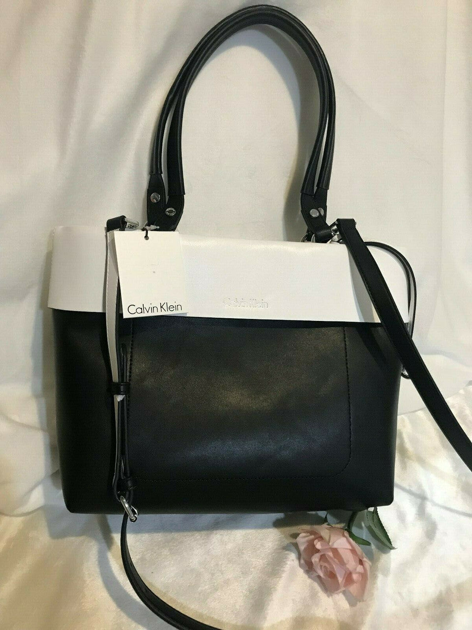 Calvin Klein Patty Faux Leather East / West Tote Fashion Bag Black White Travel