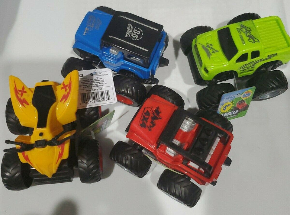 Friction powered 4WD jeep and monster truck toy set in packaging