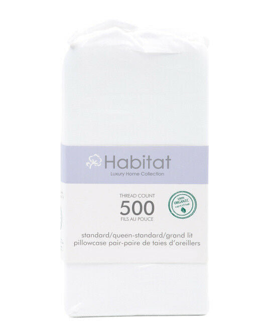 Packaged set of two white 500 thread count organic cotton pillowcases – standard/queen size