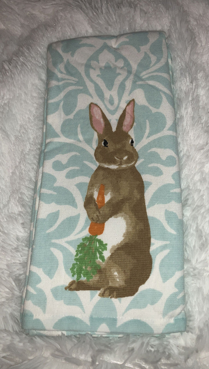 Casaba Set of 2 Rabbit Hare Carrot Kitchen Dish Towels Aqua Blue & White Easter