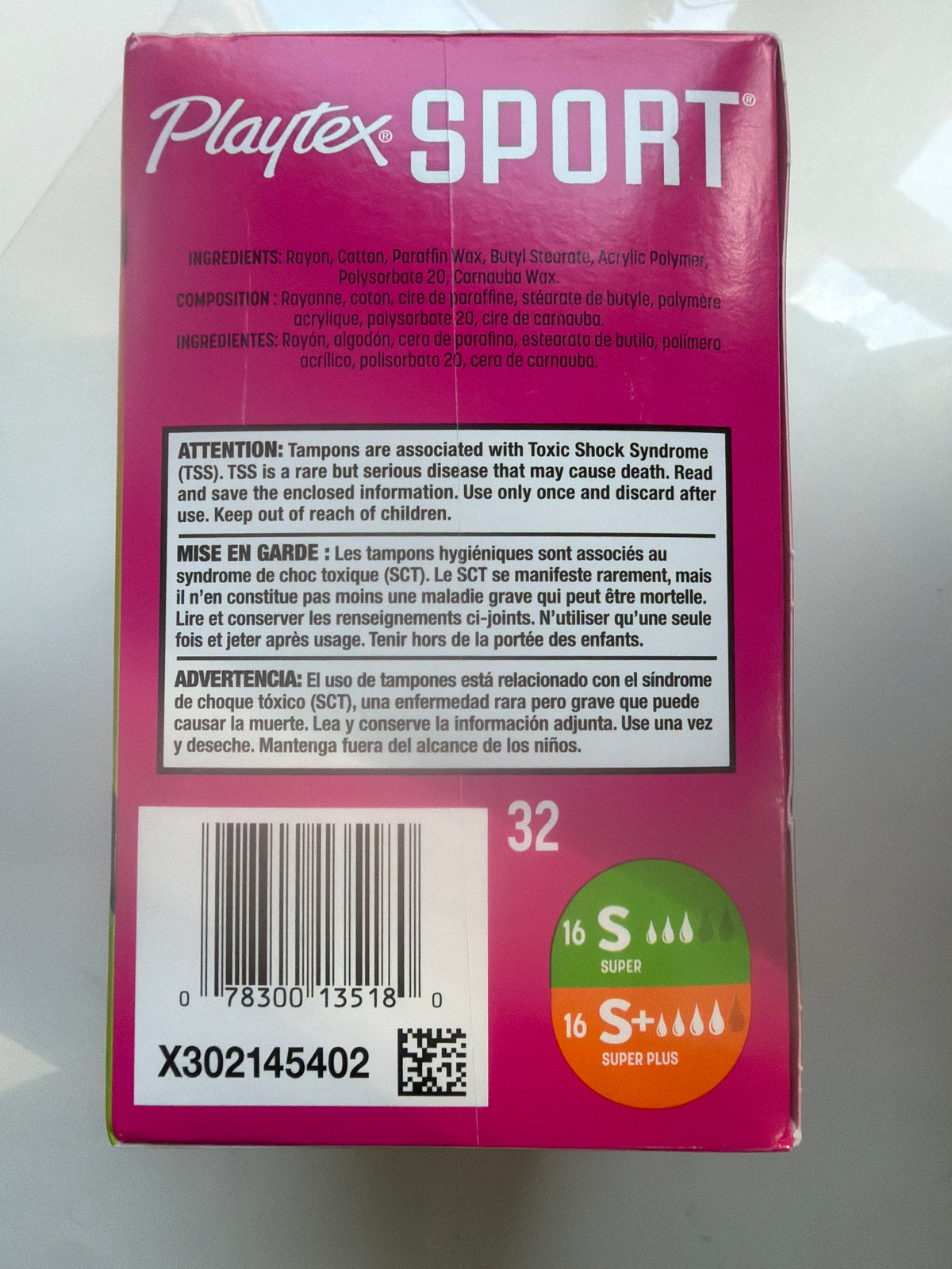 2x Playtex Sport Fragrance-Free Tampons, Super & Super Plus, 32 Count ( total 64 count )