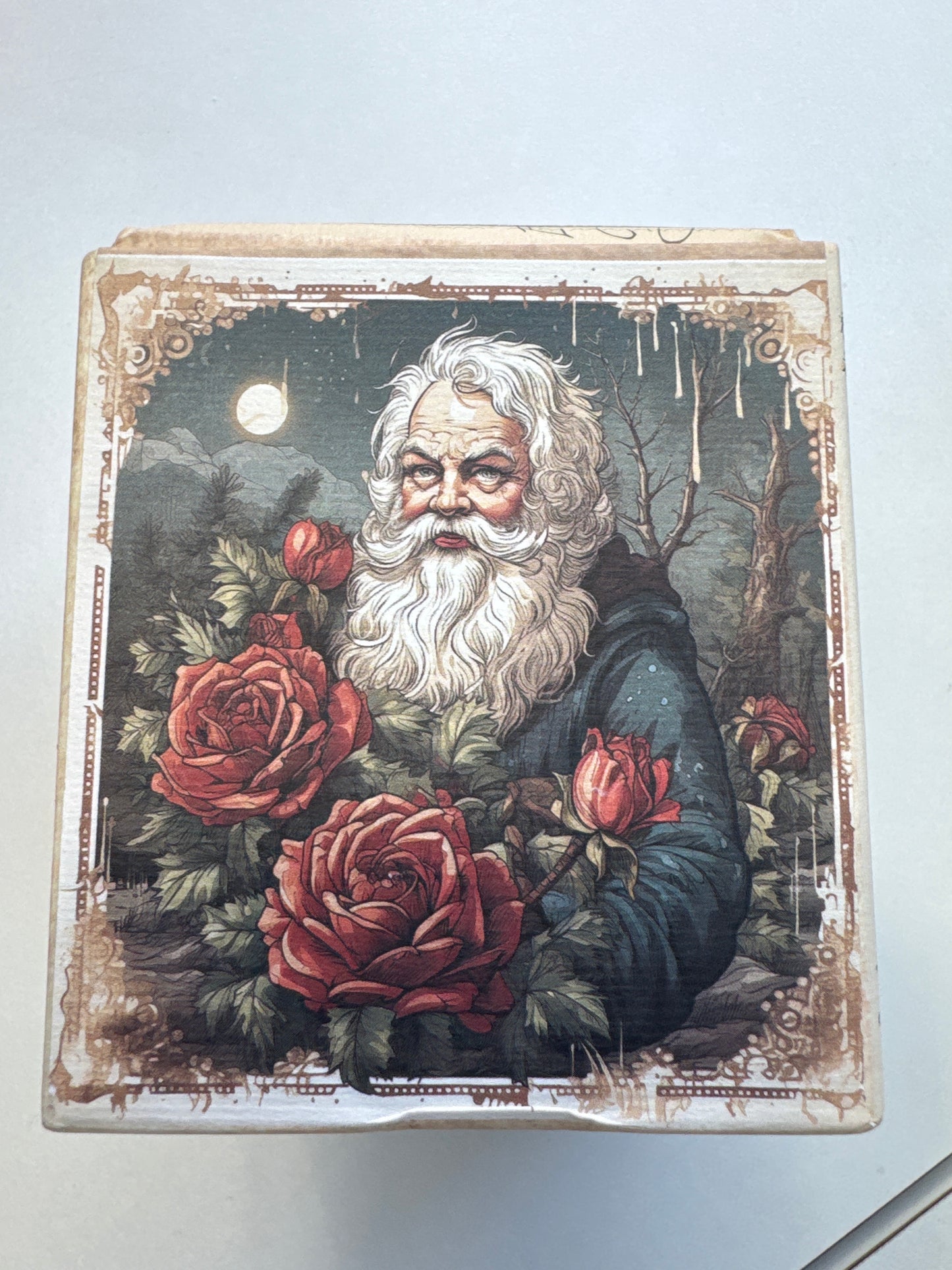 Three-bar soap gift set with vintage-style holiday packaging, tied with red ribbon, scented in vanilla and honey.