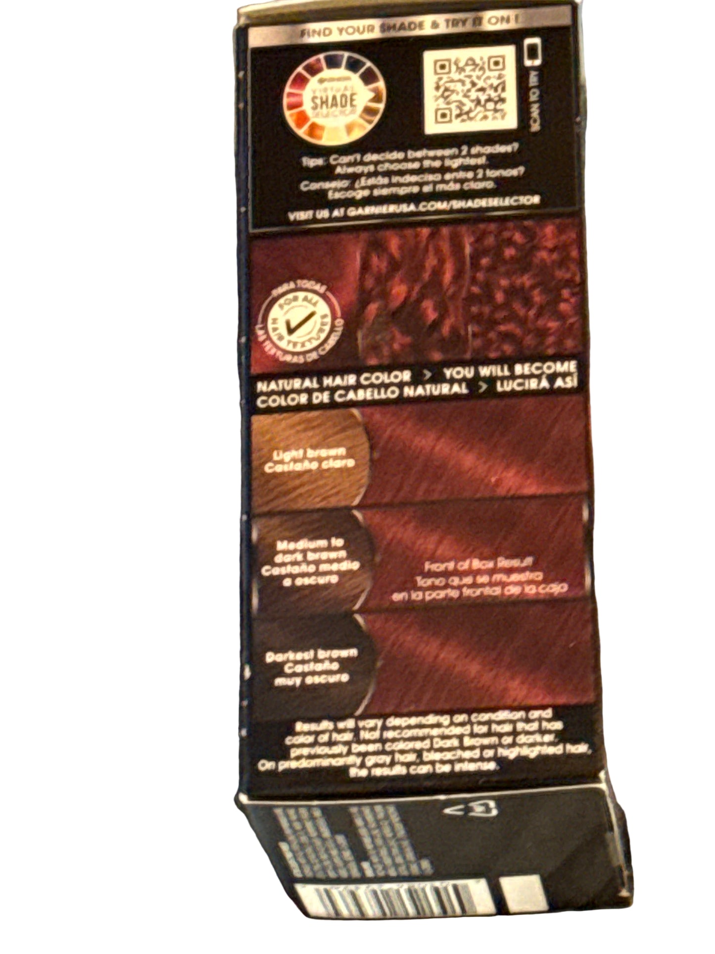 Front of Garnier Olia hair color box showing shade 4.60 Dark Intense Auburn
Back of hair color box displaying instructions and product information
Side panel of hair color packaging with shade details
Hair color box laid flat showing oil-powered color branding