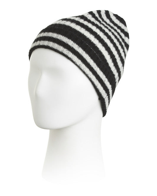 Black and white striped 100% cashmere beanie with foldover cuff on mannequin.