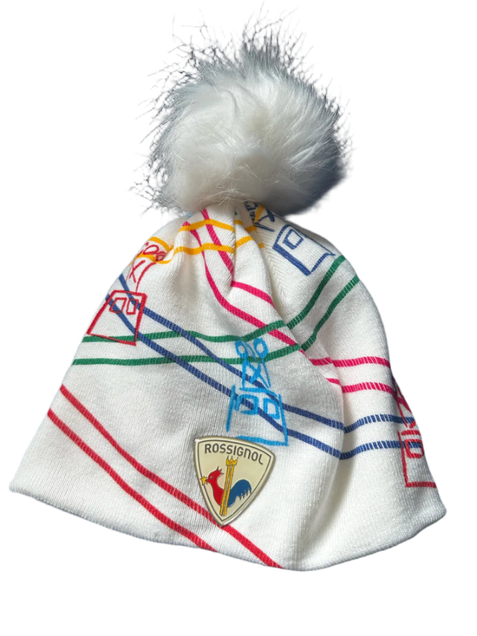 White beanie with multicolor gondola print and white faux-fur pom.