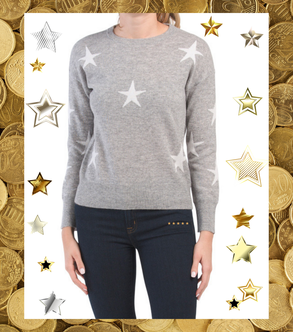 Cashmere Crew Neck Scattered Star Sweater Size M