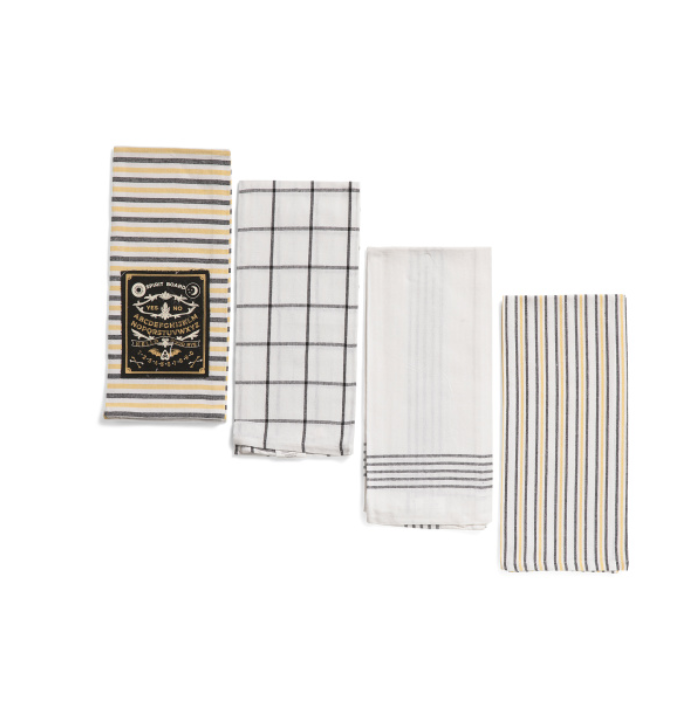 Set of four neutral kitchen towels with stripes, grid pattern, and spirit board style graphic
Assorted kitchen towels laid flat showing striped and checked designs
Close-up of spirit board style graphic patch on striped kitchen towel
Neutral cotton blend kitchen towels arranged side by side