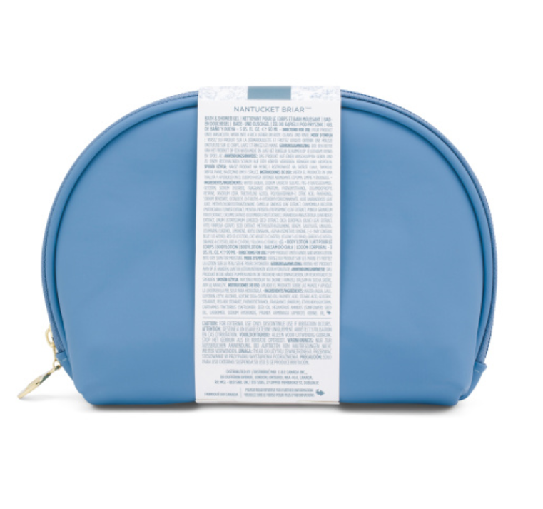 Crabtree & Evelyn Nantucket Briar travel size bath and body set with blue zip cosmetic bag
Back view of blue cosmetic travel bag with Nantucket Briar product information label
Nantucket Briar travel size bath and body products displayed with matching cosmetic bag