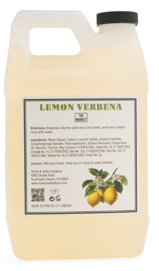 Large bottle of Lemon Verbena soap with label and branding.