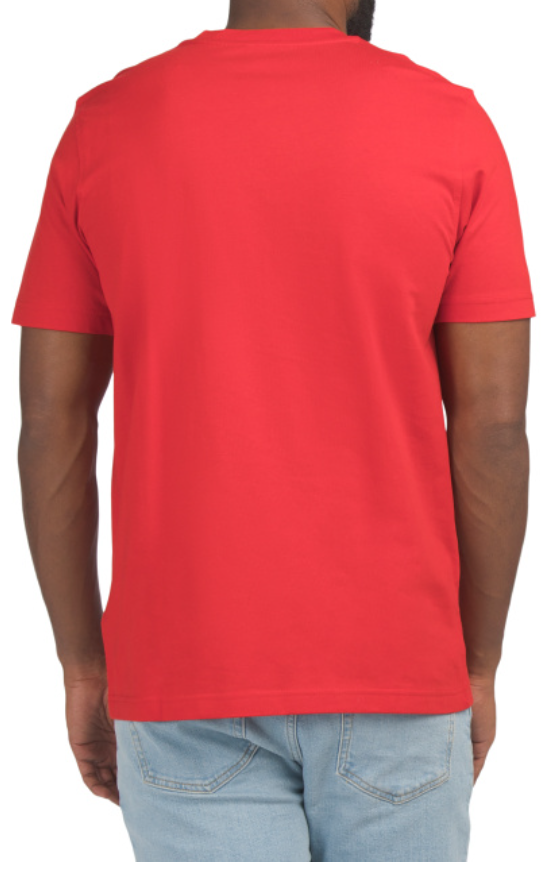 Red t-shirt worn by a person on a white background