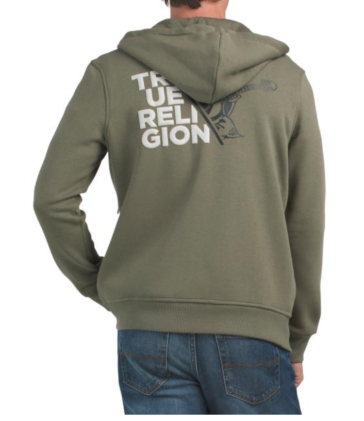 Person wearing a green hoodie with 'True Religion' branding on the back, standing against a white background.